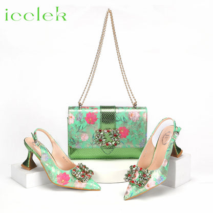 Newest Green Color Print Design High Heels Decorated with Water Rhinestone Party Women's Shoes and Bags Set