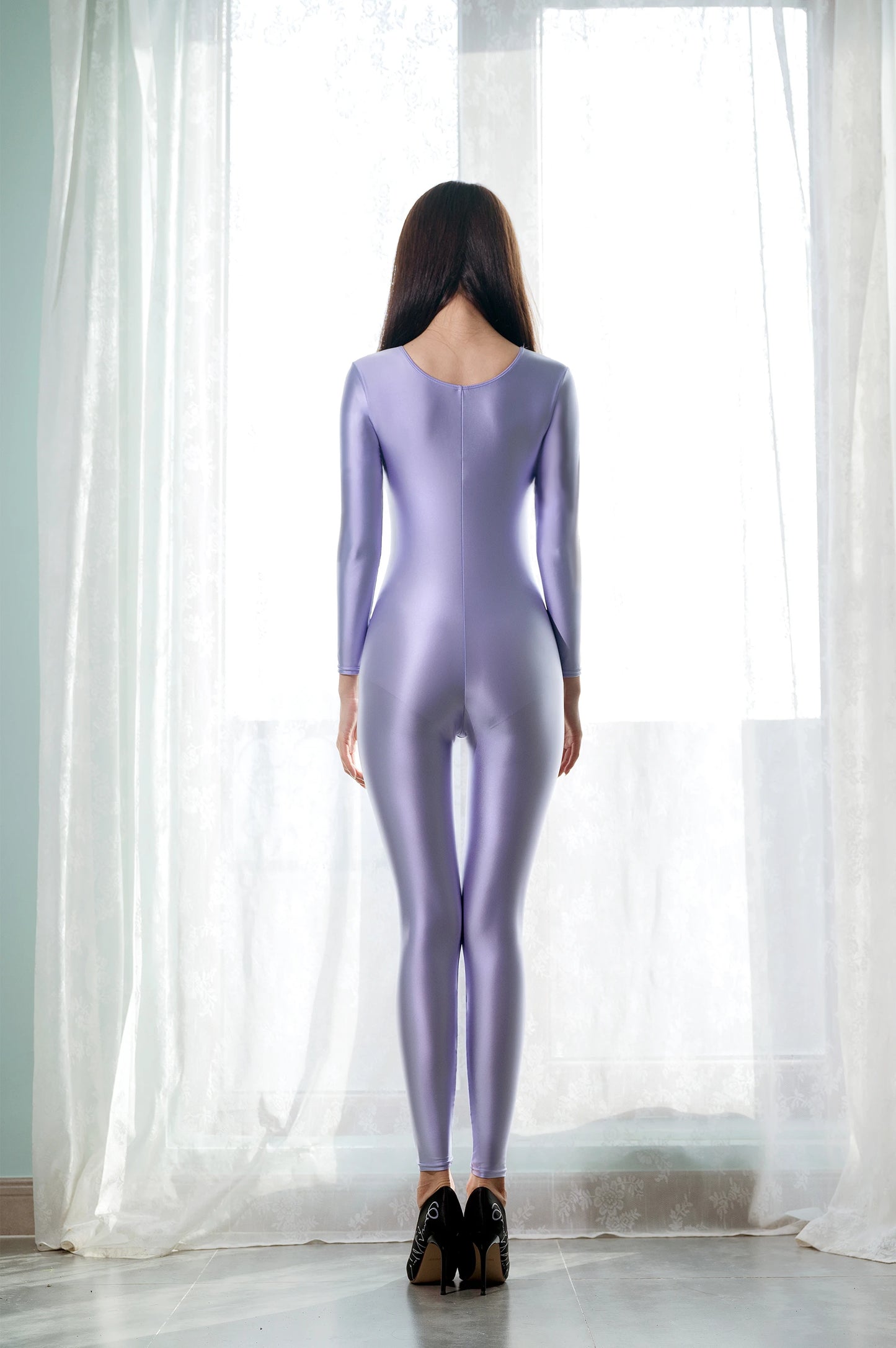 MJINM Women Shiny Oil One Piece Long Sleeve Zentai Suits Yoga Sports Jumpsuits Glossy Tights Cosplay Fitness Bodysuits Overalls