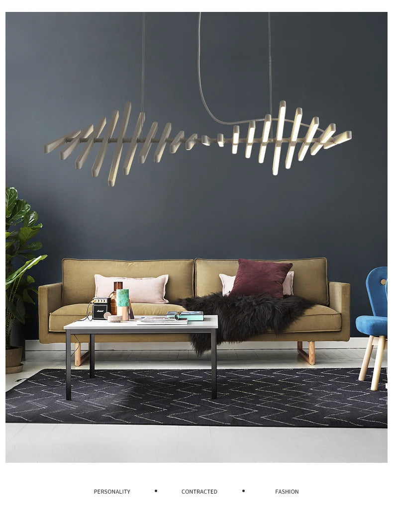 Modern LED Ceiling Chandelier Lights Nordic Luxury Pendant Lights for Living Dining Room Fish Bone Design Dimmable Hanging Lamp