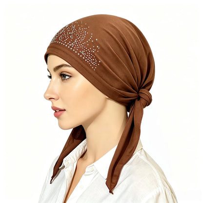 Fashion Muslim Headscarf Hat for Women Thin Summer Inner Hijab Caps Solid Color Diamond Turban Bonnet India Headwrap