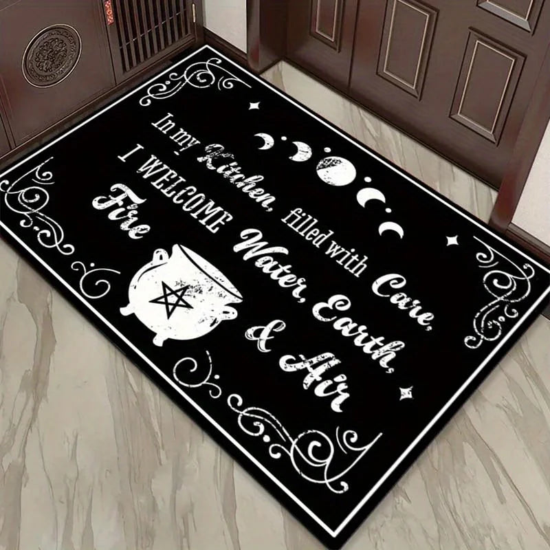 Witch Kitchen Spell Rug: Magical Elements for Cozy Interiors | Gothic Home Decor | Enchanting Black and White Area Rugs
