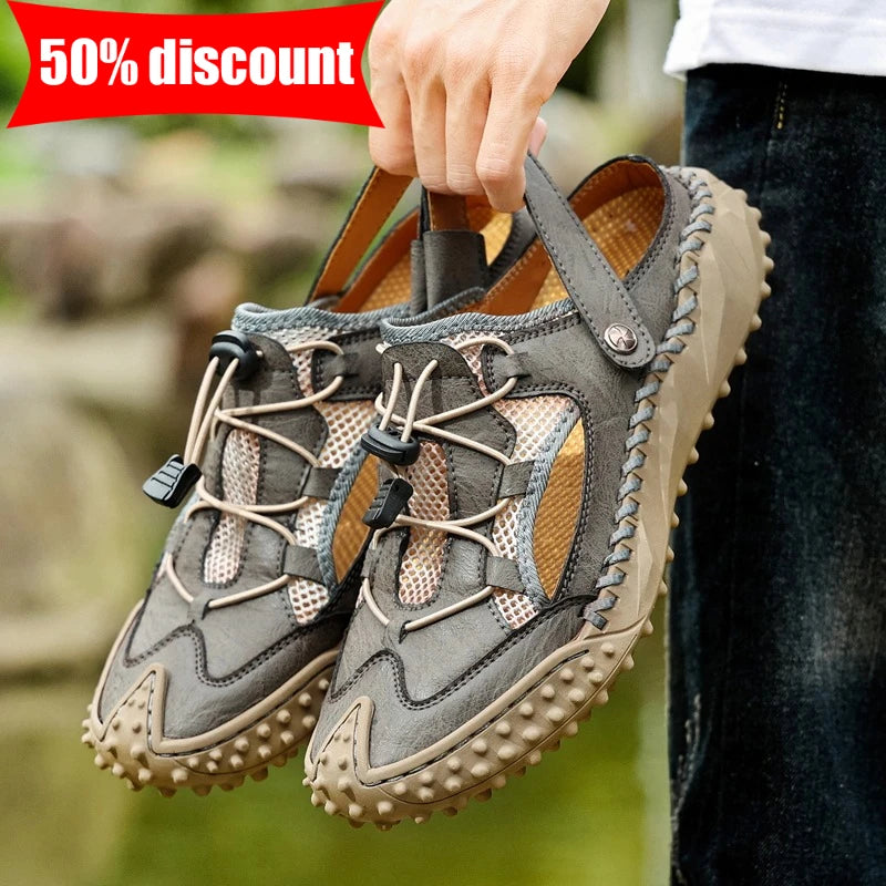 Mens Sandals Summer Outdoor Casual Mesh Hollow Walk Fishing Wading Shoes Lightweight Non Slip Hand Sewn Beach Slippers Man