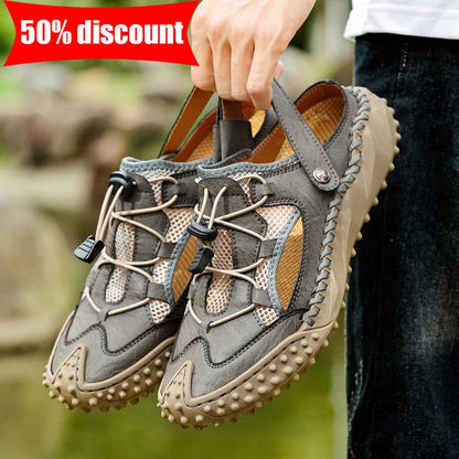 Mens Sandals Summer Outdoor Casual Mesh Hollow Walk Fishing Wading Shoes Lightweight Non Slip Hand Sewn Beach Slippers Man