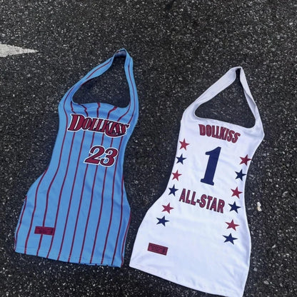 2025 Streetwear Letter Printing Halter Dress Harajuku Sexy Sleeveless Mini Dresses Y2k Aesthetic Women Backless Bodycon Vestidos