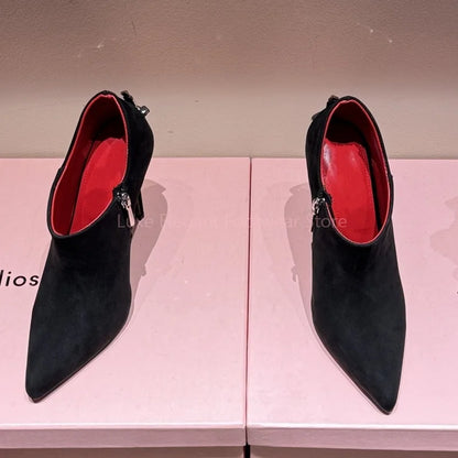 Black Suede Sword Shaped Pointed Stiletto Pumps Women Sliver Decor Side Zipper Shallow Ankle Boots Sexy Fashion Party Dress Shoe