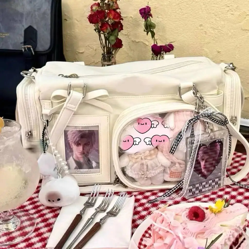 Y2K New Bow Ita Shoulder Bags Sweet Girl Transparent Bag Large Capacity Comic Exhibition Crossbody Bag Cute DIY Display Handbags