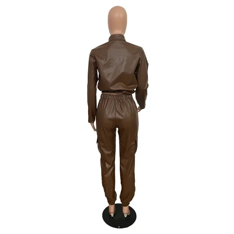 Women Jacket Sets 2 Piece Long Sleeved Slim PU Leather Gripped Pants Set Solid Zipper Fly Pencil Pants Slim Fit High Street Suit