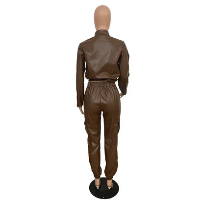 Women Jacket Sets 2 Piece Long Sleeved Slim PU Leather Gripped Pants Set Solid Zipper Fly Pencil Pants Slim Fit High Street Suit