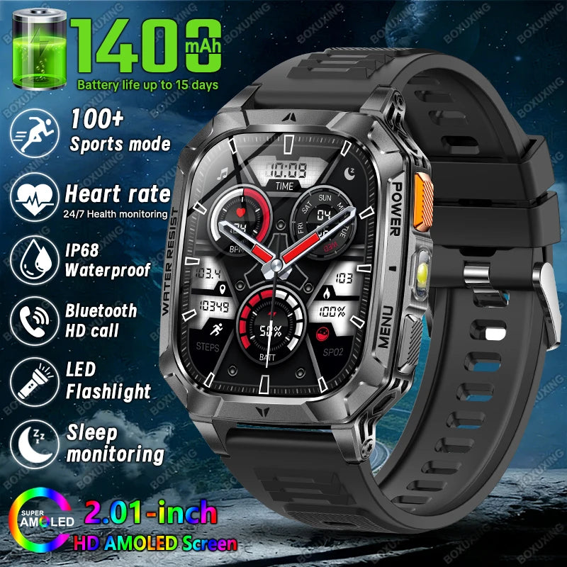 New 1400 mAh Battery Military Smartwatch Men IP68 Waterproof Flashlight Health Monitor Sports Call Smart Watch For iOS Android