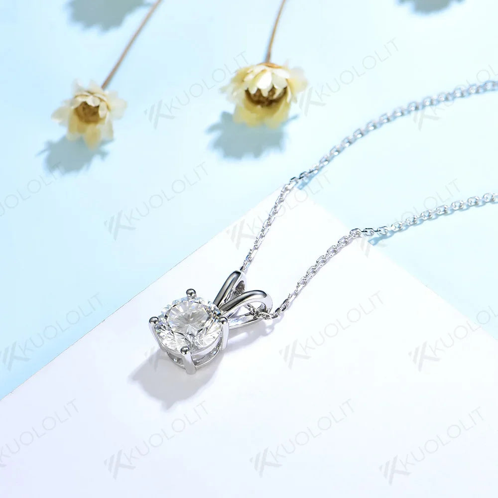 Kuololit 3CT Round Moissanite Necklaces for Women Solid 10K 14K 18K 925 Sliver 1CT 2CT Ear Pendant with Chain for Engagement New