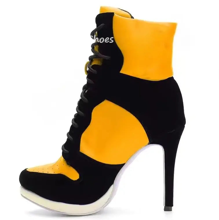 Round Toe Sports Lace Up Women's Short Boots 2026 Thick Sole Mixed Color Stilettos Autumn Winter New Street Style Casual Rock Bo