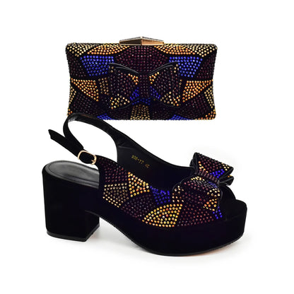 Nigeria Ladies Shoe and Bag Set Decorated with Rhinestone Block Heel Comfortable Platform Pumps Luxury Designer Shoes Women