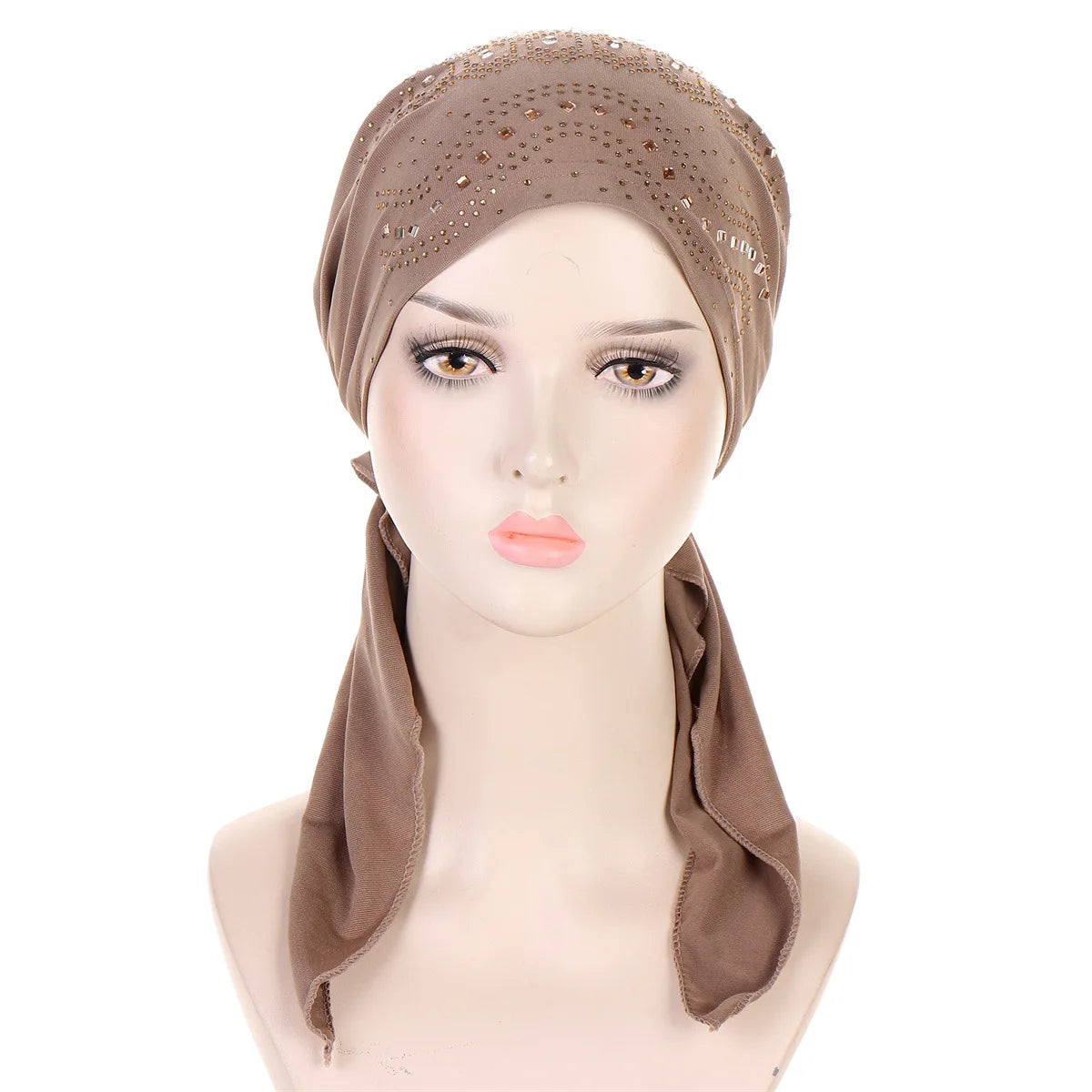 Fashion Diamond Women's Hijab Solid Color Muslim Ladies Turban Bonnet Soft Elastic Long Tail Head Wrap Head Scarf Indian Hats
