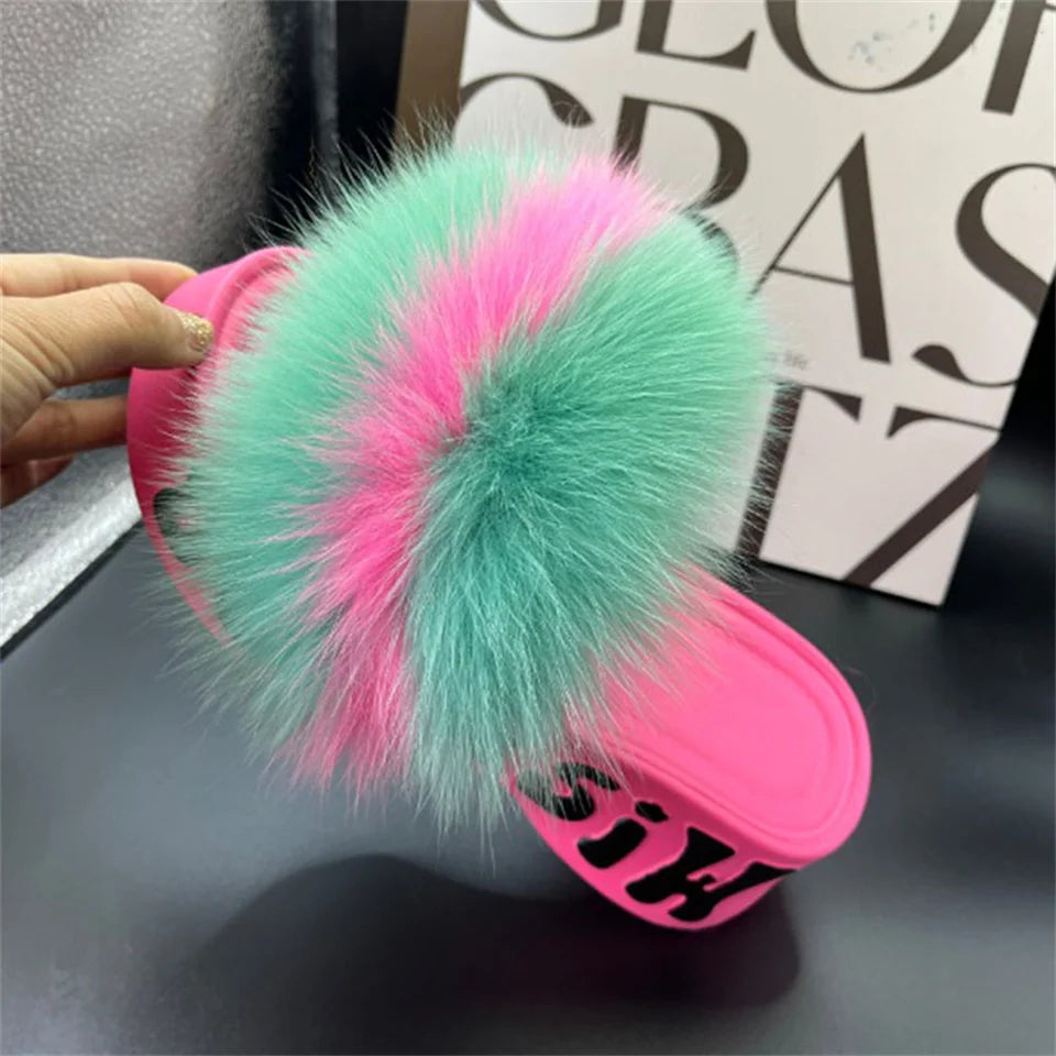 Real Fox Fur Slippers for Woman Luxury 2025 Slippers Summer Woman Sandals Thick Sole Pink Fur Slippers Fluffy Slides for Woman