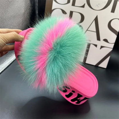 Real Fox Fur Slippers for Woman Luxury 2025 Slippers Summer Woman Sandals Thick Sole Pink Fur Slippers Fluffy Slides for Woman