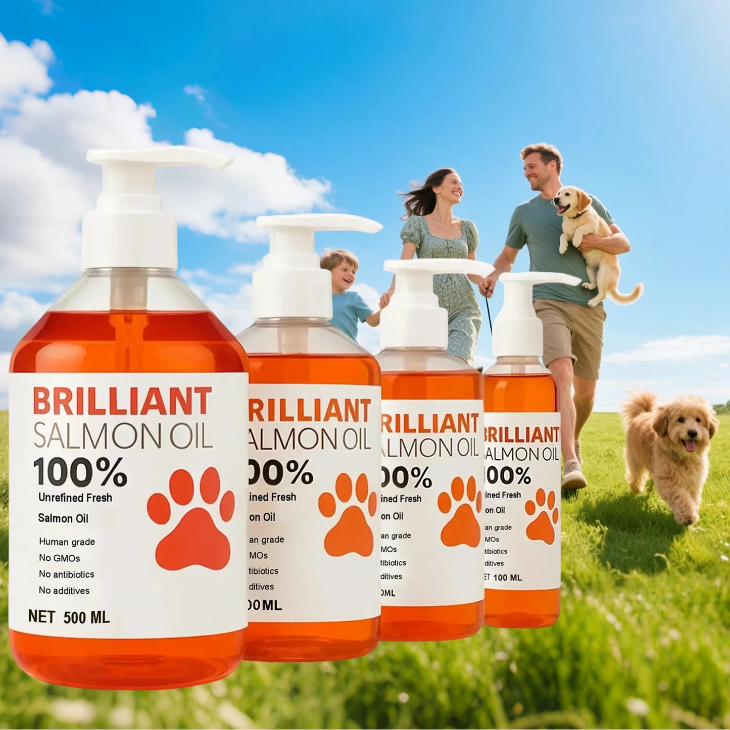 Human-Grade Salmon Oil (500ml, 300ml, 200ml 100ml) for Dogs & Cats Omega 3 Fatty Acids Supplement for Optimal Health & Nutrition