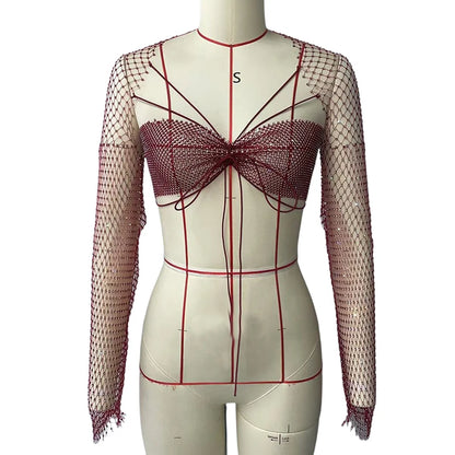 Glitter Rhinestone Long Sleeve T Shirt Sexy See Through Hollow Out Fishnet Mesh Backless Crop Tops Nightclub Party Tank Top