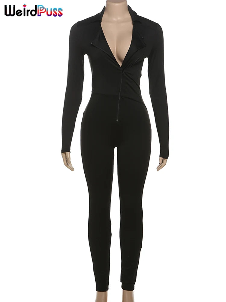 Weird Puss Fitness Jumpsuit Women Zip Skinny Long Full Activity Casual Sporty Solid Street Workout Simple Classic Tight Overalls