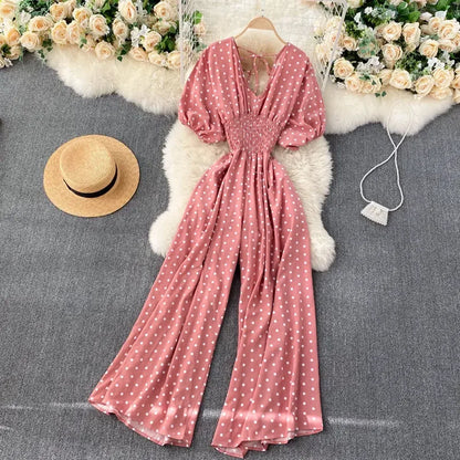 Jumpsuit Women Summer New Temperament Polka Dot V-neck High Waist Casual Wide Leg Jumpsuit Elegant Party One Piece Jumpsuits