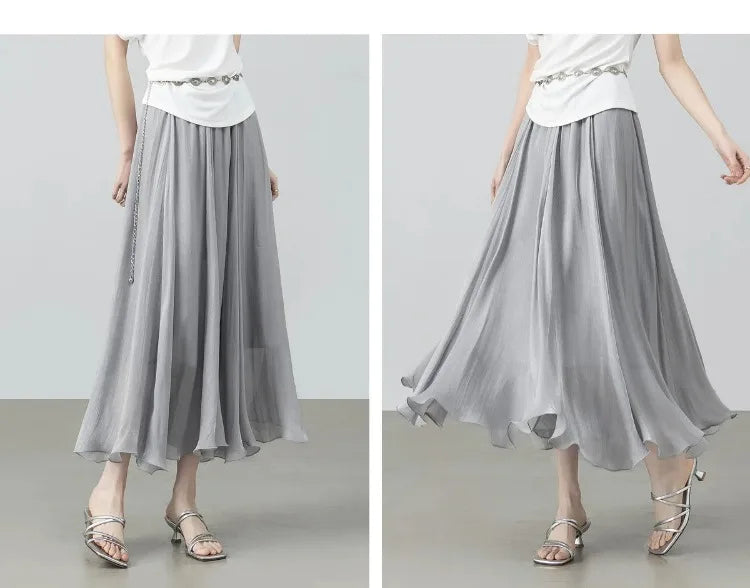 SENTUBILA Women's Summer Skirt 2026 Elegant Elastic Waist Sheen Flowy A Line Long Skirt for Woman Ladies Clothes 162QG4909