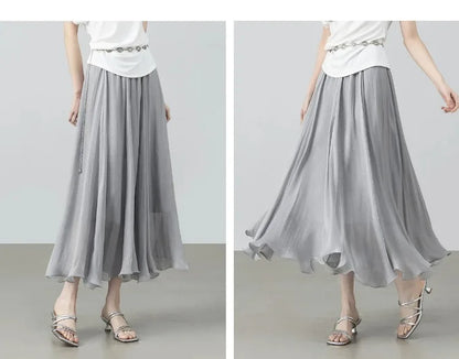 SENTUBILA Women's Summer Skirt 2026 Elegant Elastic Waist Sheen Flowy A Line Long Skirt for Woman Ladies Clothes 162QG4909