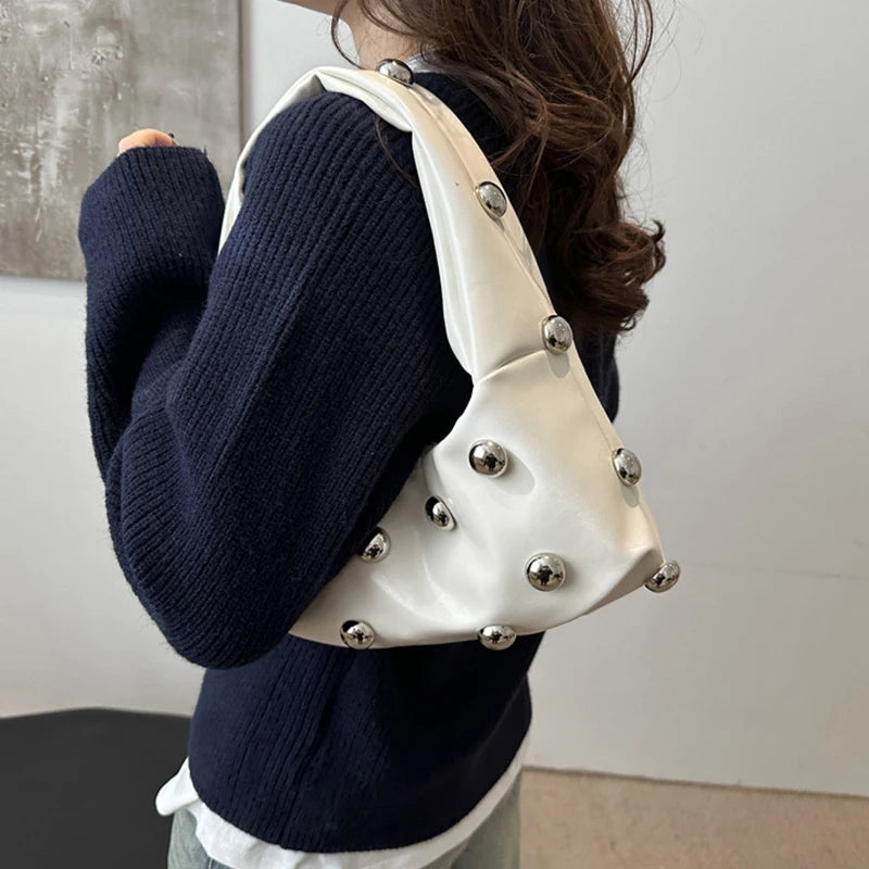 Personalized PU Rivet Fashion Shoulder Bags Solid Color Crossbody Bag High-end Women Handbag Luxury Brand Satchel Small Tote Bag