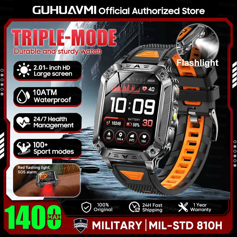 2026 New Military outdoor 1400mAh Battery SmartWatch Men Waterproof Call 2.01" HD AMOLED Sports Heart rate Flashlight Smart Band