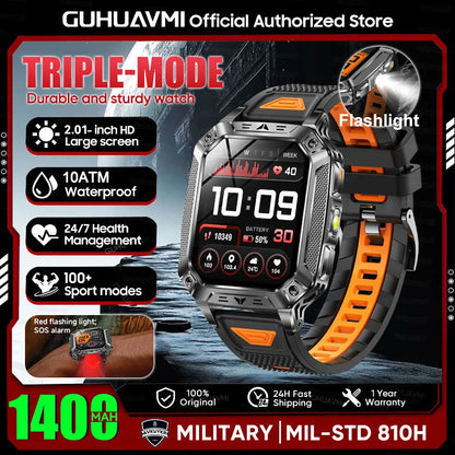 2026 New Military outdoor 1400mAh Battery SmartWatch Men Waterproof Call 2.01" HD AMOLED Sports Heart rate Flashlight Smart Band