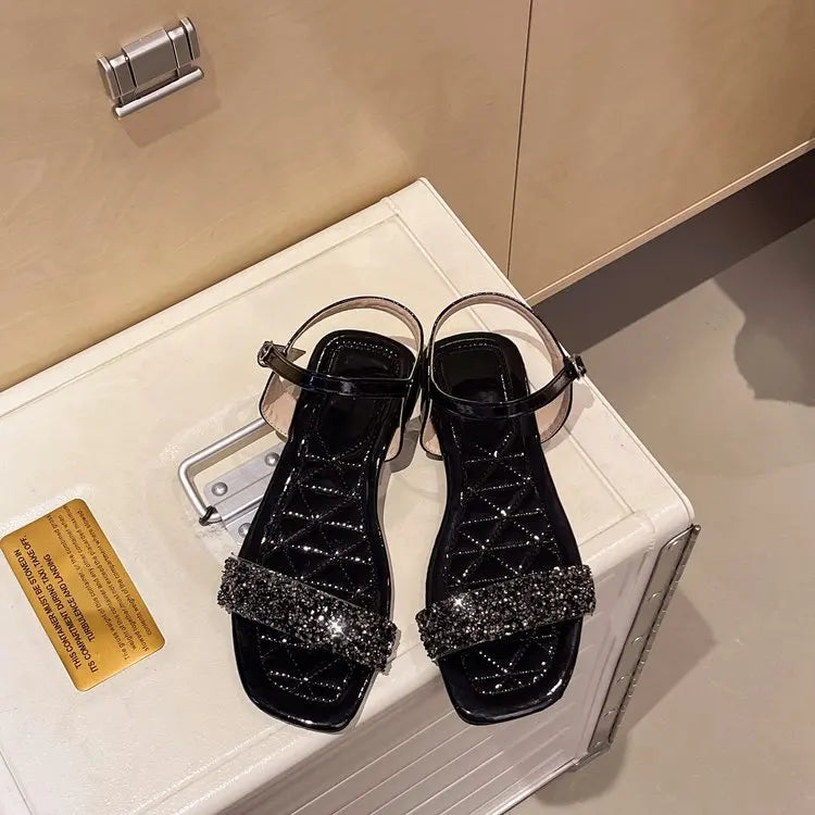 Luxury Crystal Square Toe Sandals Elegant Peep Toe Flat Slides Summer Fashionable Beach Shoes for Women