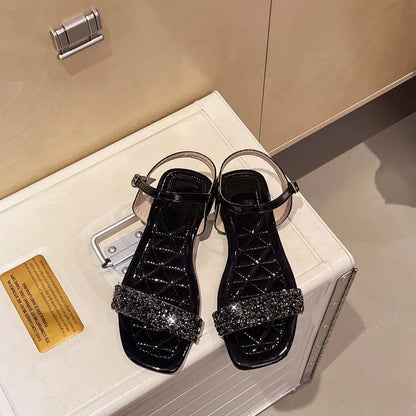 Luxury Crystal Square Toe Sandals Elegant Peep Toe Flat Slides Summer Fashionable Beach Shoes for Women