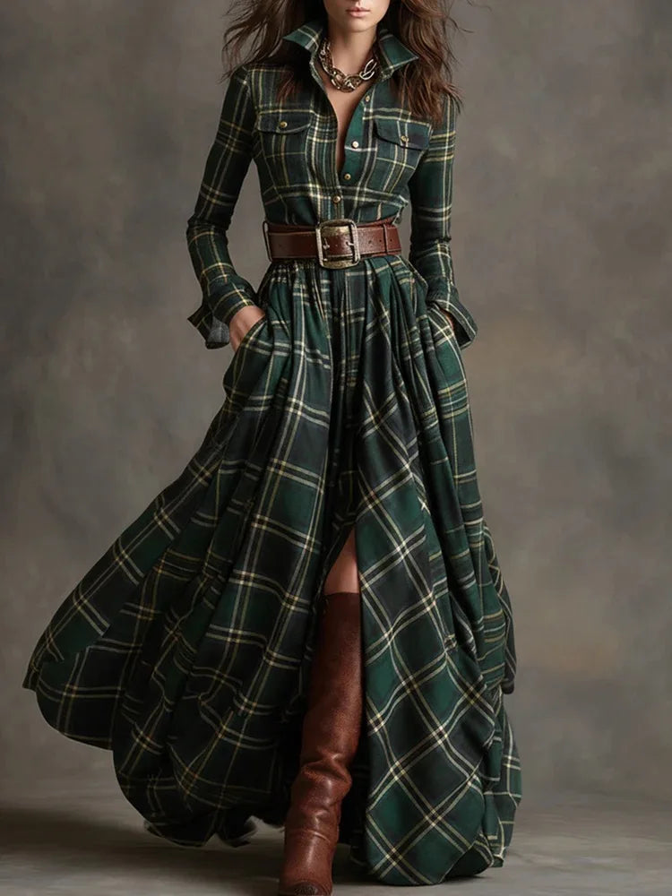 Autumn Vintage Long Sleven Dress for Women Plaid Print Shirt Maxi Dress Vacation Female Elegant Belt Loose Pocket A-line Dresses