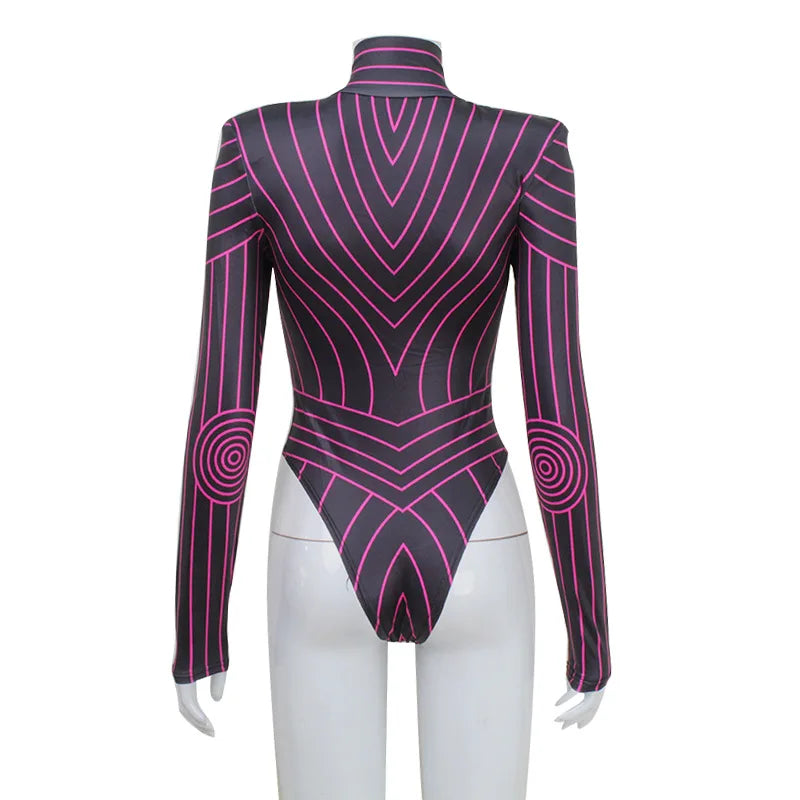 Art Irregular Lines Jumpsuit Women Slim Cosplay Party Catsuit Shapewear Bodysuit 2025 Fashion High Neck Long Sleeve Neon Outfits