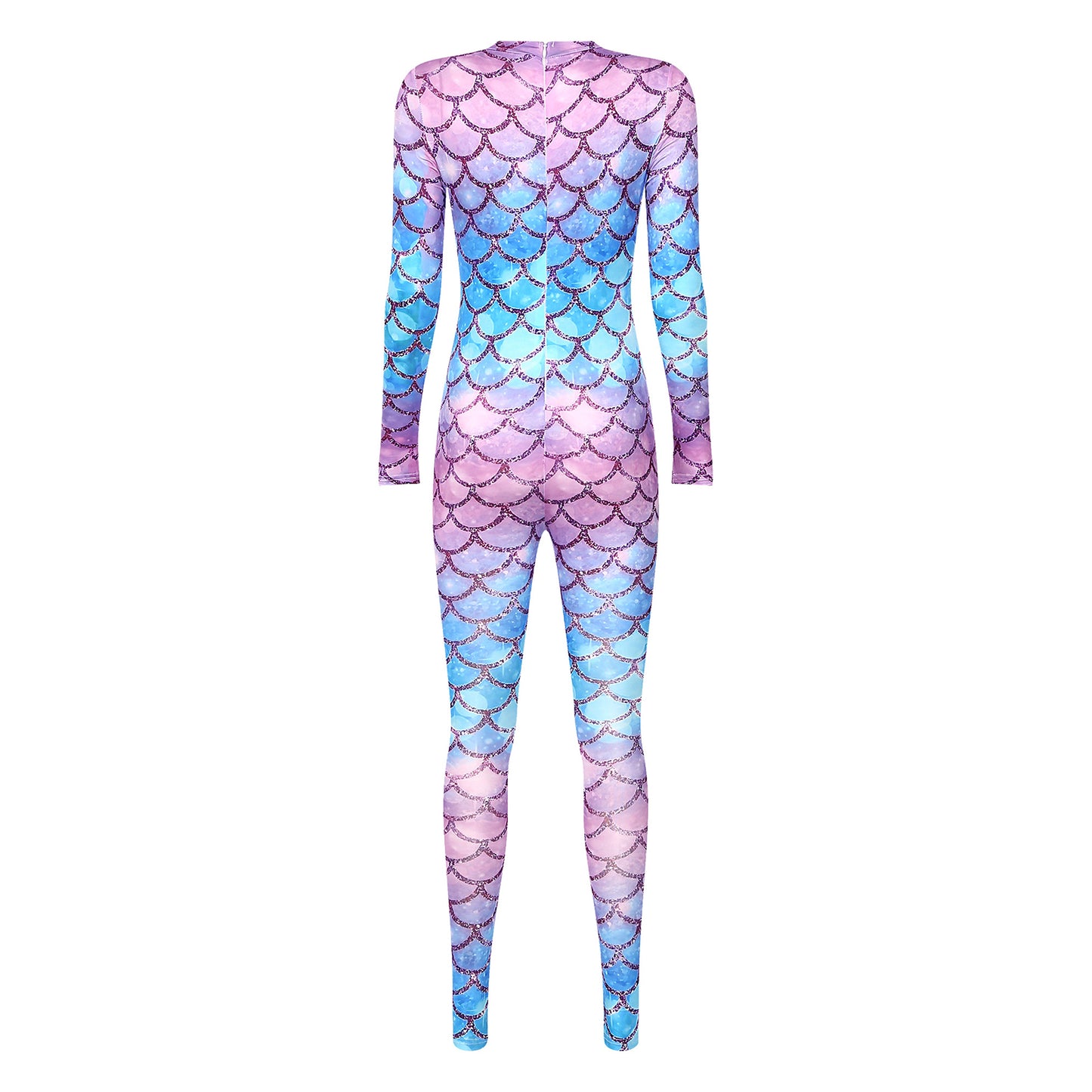 Womens Rash Guard One Piece Swimsuit Mermaid Fish Scale Print Long Sleeve Back Zipper Full Body Tops Sexy Swimwear Jumpsuit