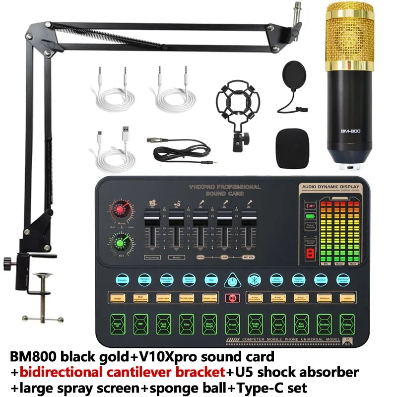 V10XPro Sound Card Studio Mixer Singing Noise Reduction Microphone Voice BM800 Live Broadcast Phone Computer Record V10X Pro set