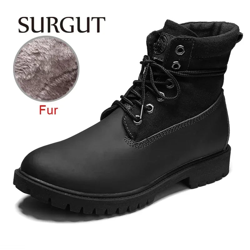 SURGUT Leather Men Boots Comfortable Autumn Winter Plush Keep Warm Shoes Fashion Trends Style Working Boots