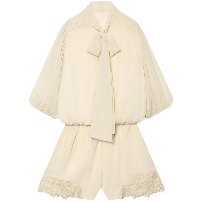 HXAO Ties Bow Lace Bodysuit Cream Short Jumpsuit Women Vacation Summer Playsuit Short Sleeve Mini Rompers Casual Combishort