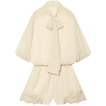 HXAO Ties Bow Lace Bodysuit Cream Short Jumpsuit Women Vacation Summer Playsuit Short Sleeve Mini Rompers Casual Combishort