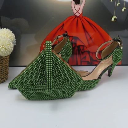 BaoYaFang New arrival Green Pearl Bridal shoes and Bag Set woman party dress shoes Big size ankle Strap Buckle Shoes High Pumps