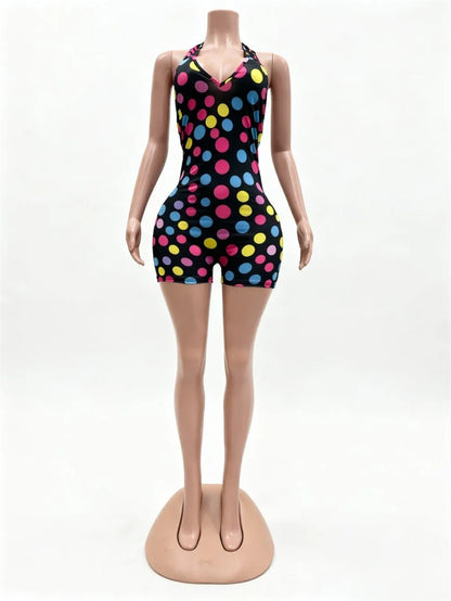 Doyerl Polka Dot Short Jumpsuits for Woman Summer Clothes 2026 Halter V-neck Backless Sleeveless Skinny One Piece Playsuit Mono