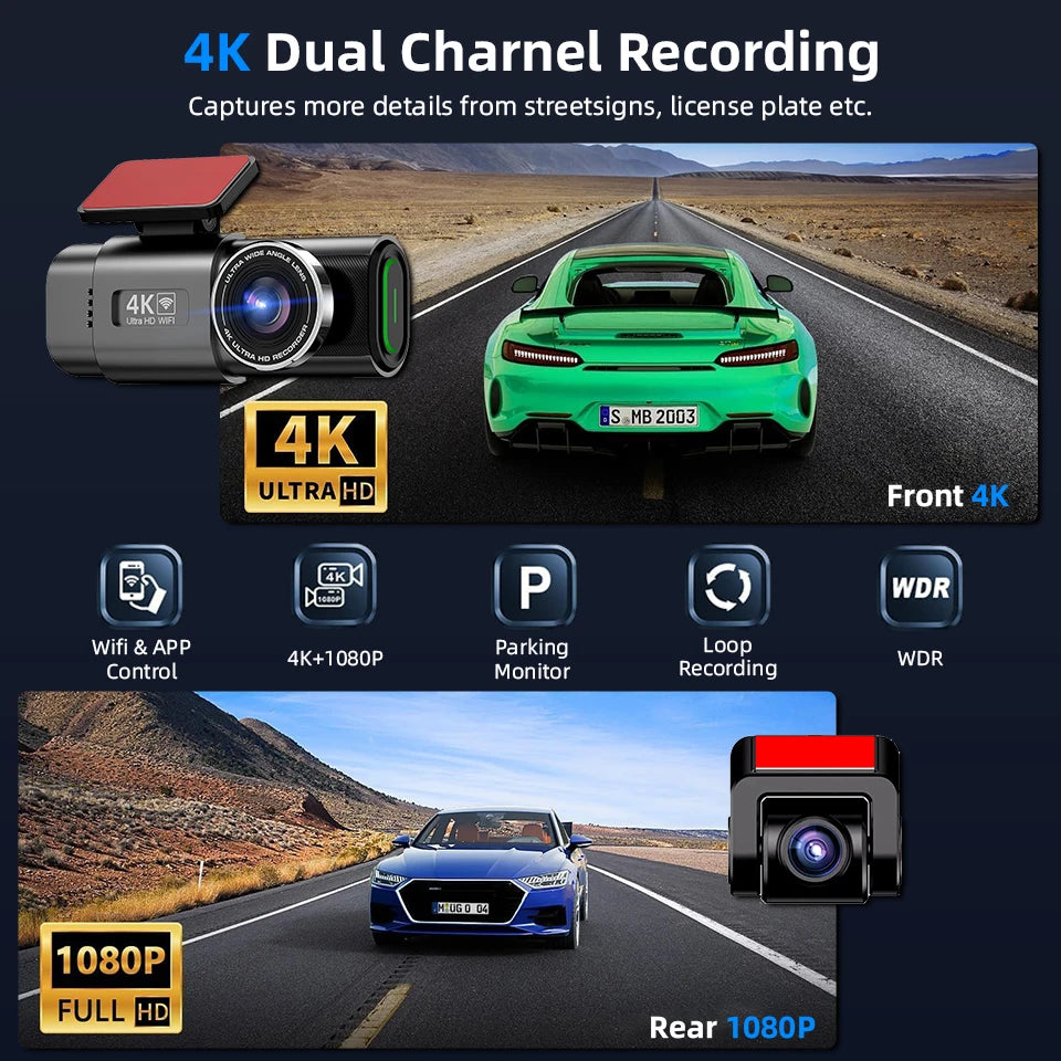 ACCEO 4K Car DVR Mini Video Recorder 24H Parking Dashcam Support Dual Lens 1080P Black Box Room Rearview Camera Night Vision