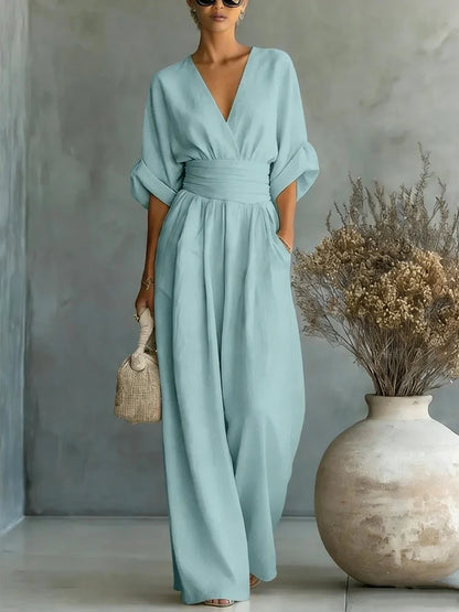 Women Elegant Linen V Neck Short Sleeve Jumpsuit Waist Cinched Wide Leg Long Pants Rompers with Pockets Casual Ladies Overalls