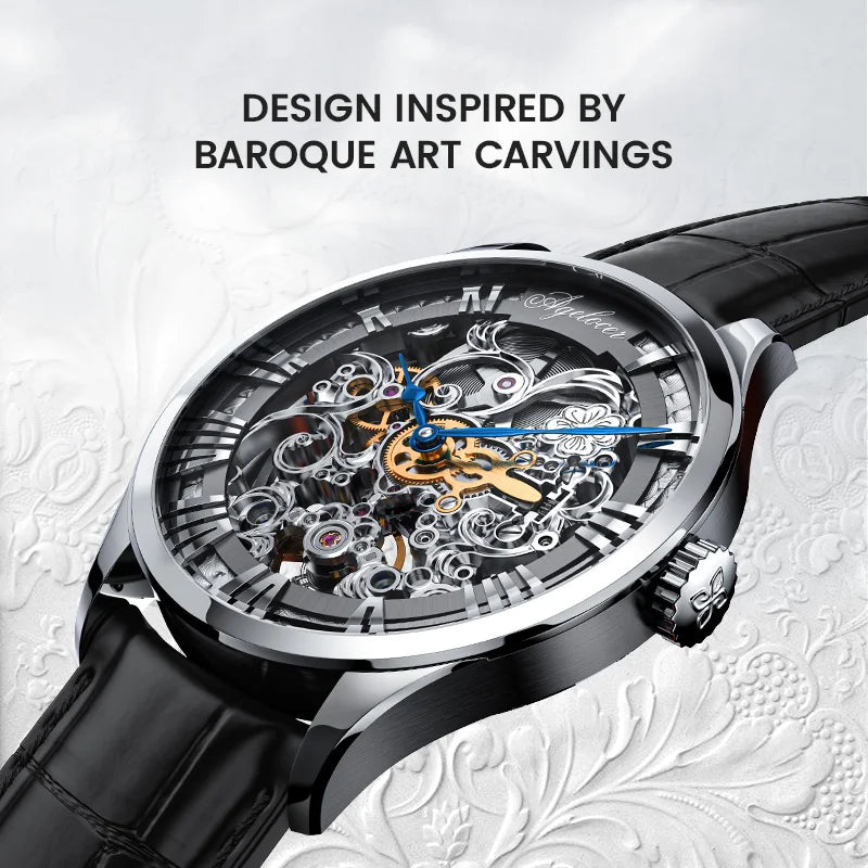 AGELOCER Original Baroque Art Carved Watch Men Luxury Business Formal Skeleton Automatic Mechanical Watch Birthday Gift for Men