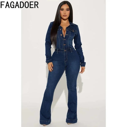 FAGADOER Fashion Denim Elastic Flared Pants Jumpsuits Women Turndown Collar Button Long Sleeve Playsuits Female Cowboy Overalls