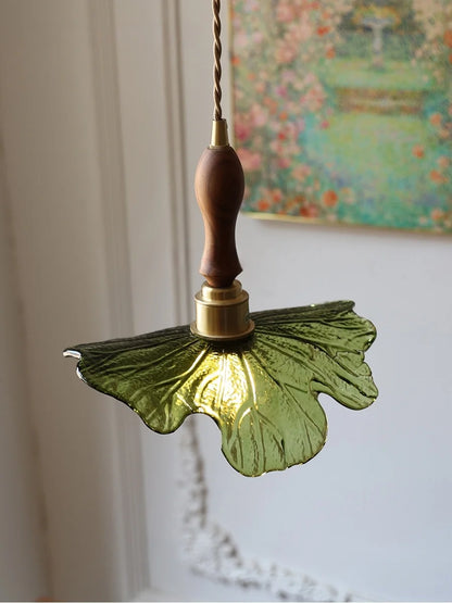 IWHD Home Decor LED Pendant Lights Kitchen Restaurant Copper Socket Flower Green Glass  Nordic Modern Walnut Wood Hanging Lamp