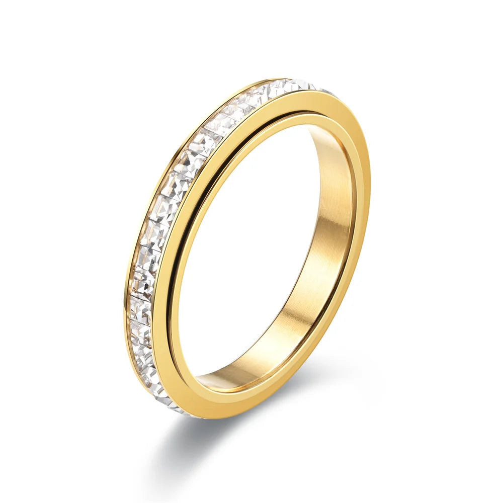 Fidget Anxiety Anti-stress Ring Women's 4mm Gold Silver Color Stainless Steel Crystal Rotatable Spinner Rings for Woman Jewelry