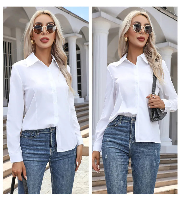 Women Elegant Solid Button Shirt Chiffon Blouse Spring Summer Casual Solid Long Sleeve Turn Down Collar Tunics OL Shirt Tops