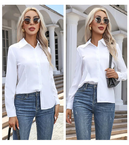 Women Elegant Solid Button Shirt Chiffon Blouse Spring Summer Casual Solid Long Sleeve Turn Down Collar Tunics OL Shirt Tops