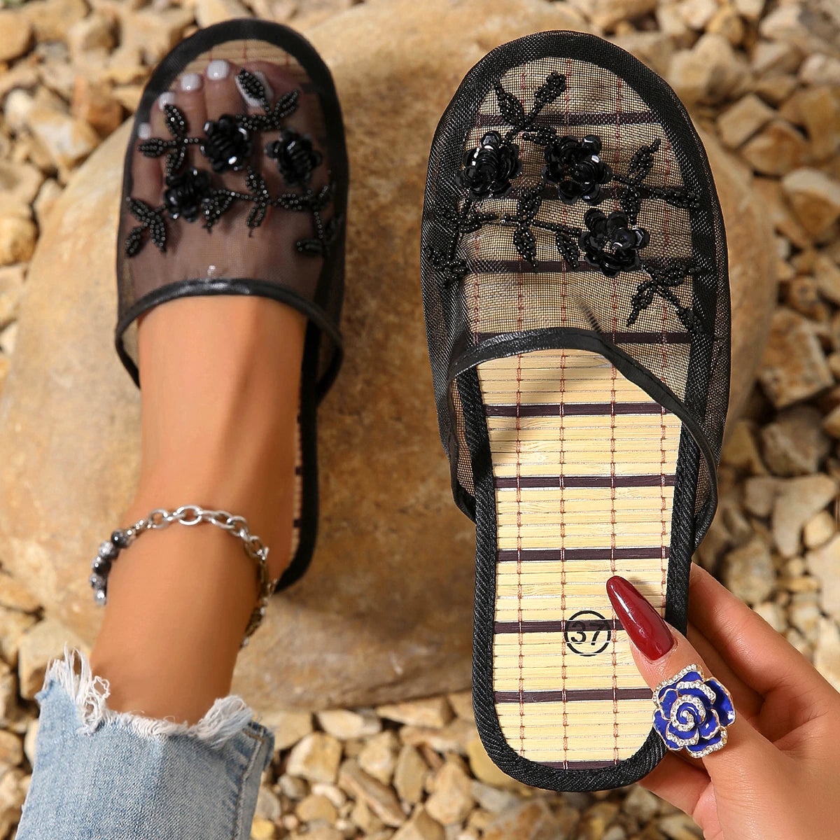 Mesh Breathable Embroider Sequin Flower Mules Shoes Summer Closed Toe Soft Bottom Sandals Female Chinese Style Bamboo Sandals