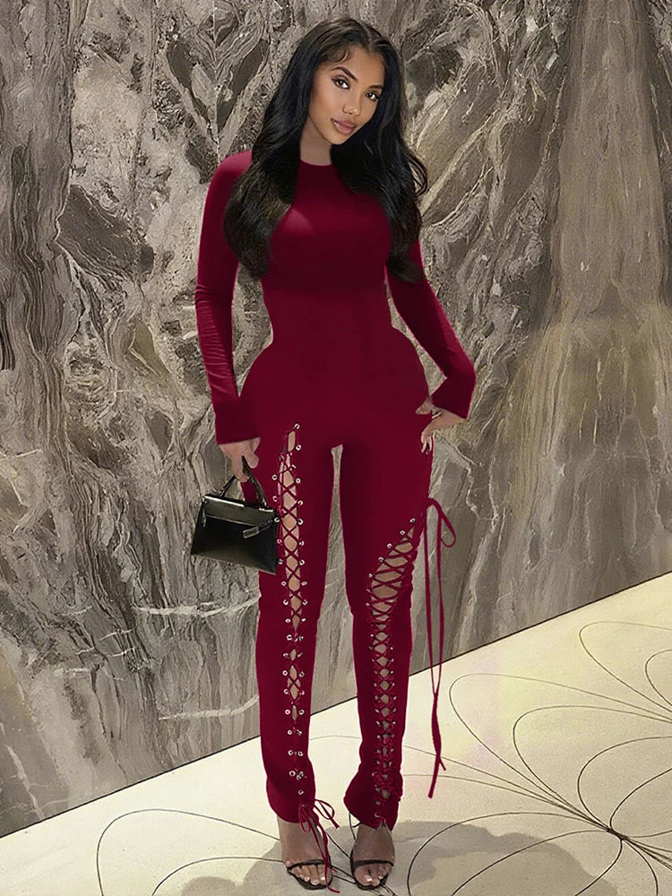 Sisterlinda Sexy Fashion Jumpsuits Woman o-Neck Full Sleeve Shirring Hollow Skinny Peach Hip Hot Girls Midnight Party Clubwear