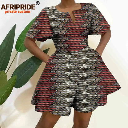2026 African Clothes for Women Short Sleeve High Waist Print Jumpsuit Casual Cotton Summer Outfits Rompers Playsuits A2329001